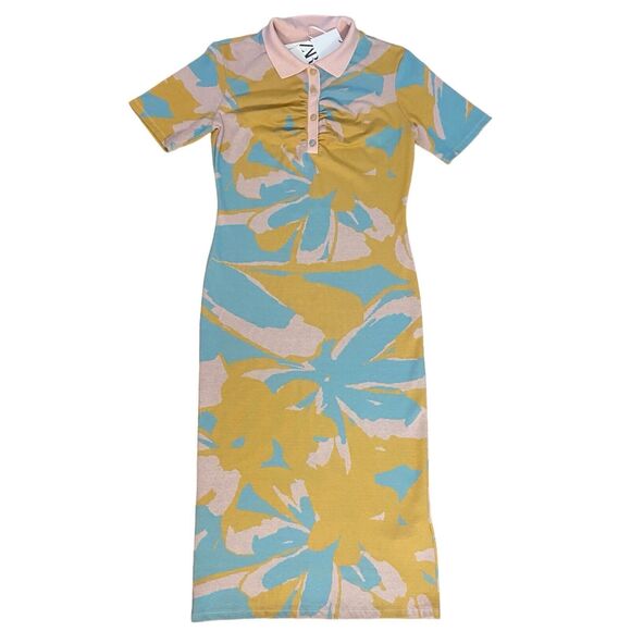 ZARA Jacquard Knit Short Sleeve Polo Dress Size M Multicolor Bloggers Favorite - Picture 1 of 7